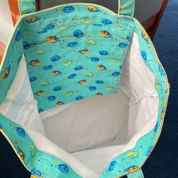 Beach Tote Colorful Green & Blue Striped with Pocket inside of Tote - Picture 2 of 8